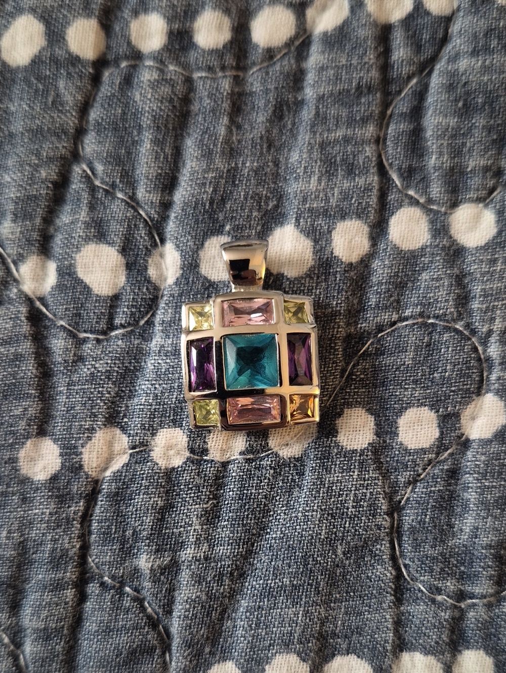 Multi-Colored Gemstone Square Pendant - Silver 925 Pink Purple Aqua